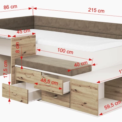 Multifunkčná posteľ s úložným priestorom 80x180 ALDA - kašmír / dub artisan / hnedá, ľavé prevedenie