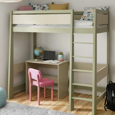 Detská poschodová posteľ s písacím stolom 90x190 ARERA - olivová/kašmír, pravé prevedenie