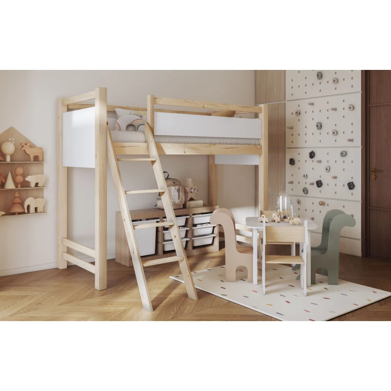 Poschodová posteľ so zábranou 90x190 CYANE - borovica / biela, ľavé prevedenie