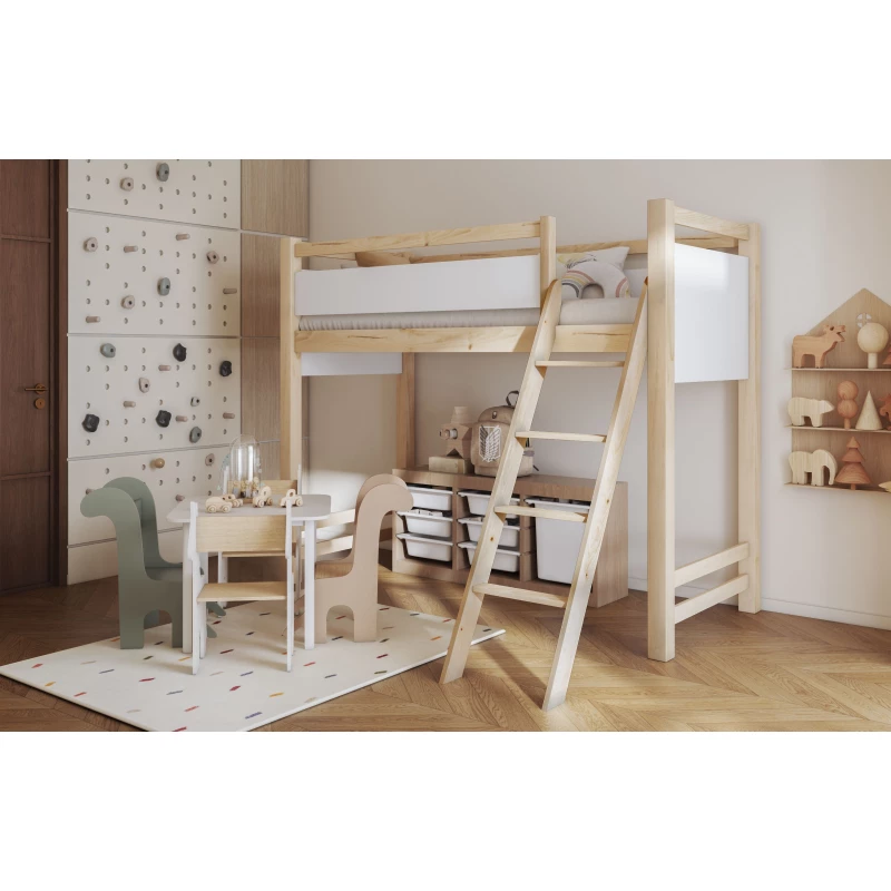 Poschodová posteľ so zábranou 90x200 CYANE - borovica / biela, pravé prevedenie