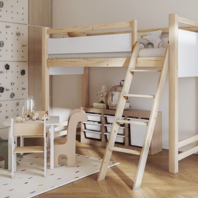 Poschodová posteľ so zábranou 80x200 CYANE - borovica / biela, pravé prevedenie