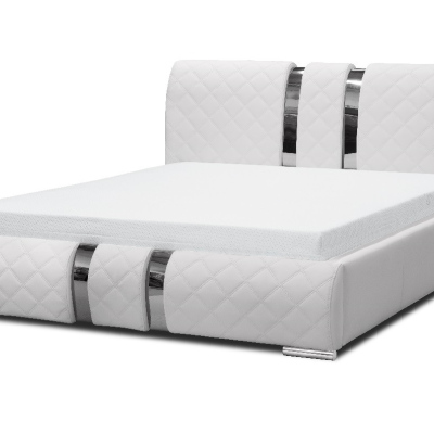 Luxusná čalúnená posteľ LUKA s vysokým čelom a úložným priestorom  biela eko koža 180x200