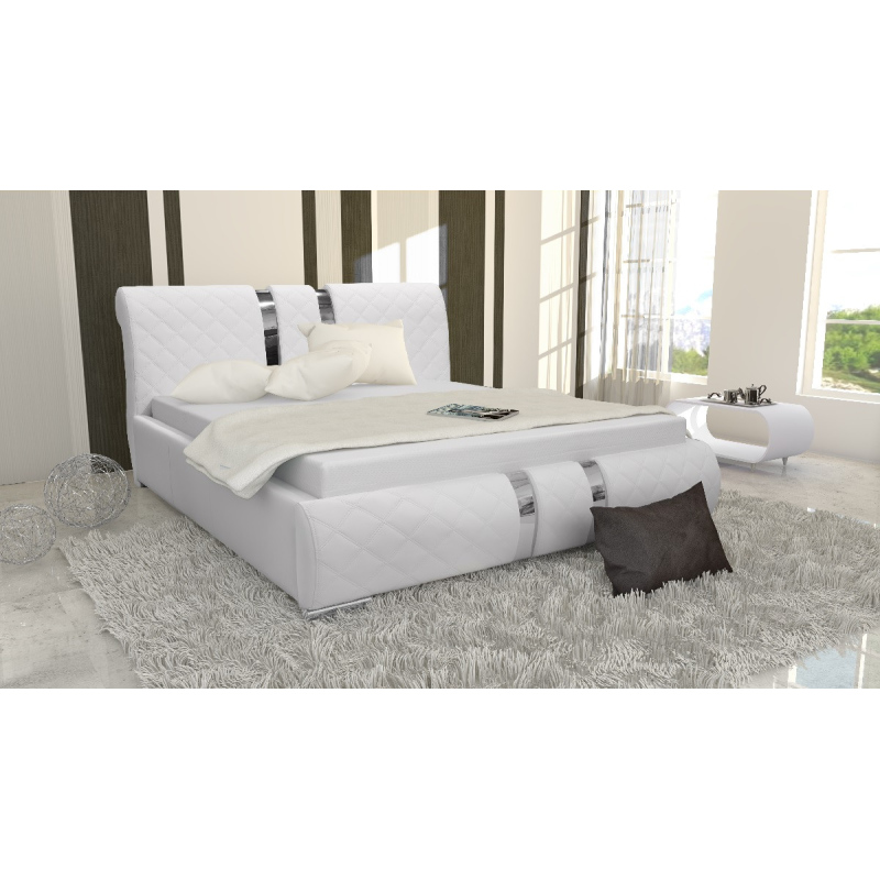 Luxusná čalúnená posteľ LUKA s vysokým čelom a úložným priestorom  biela eko koža 200x200