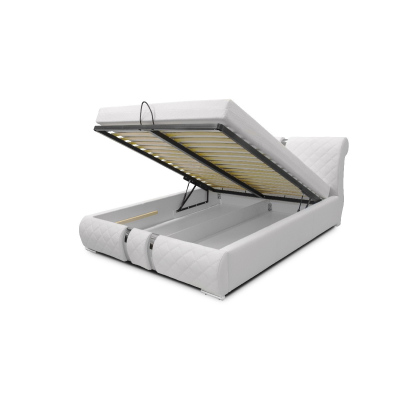 Luxusná čalúnená posteľ LUKA s vysokým čelom a úložným priestorom  biela eko koža 200x200