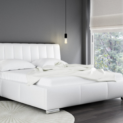 Elegantná posteľ Malone s vysokým čelom a úložným priestorom biela eko koža 160 x 200