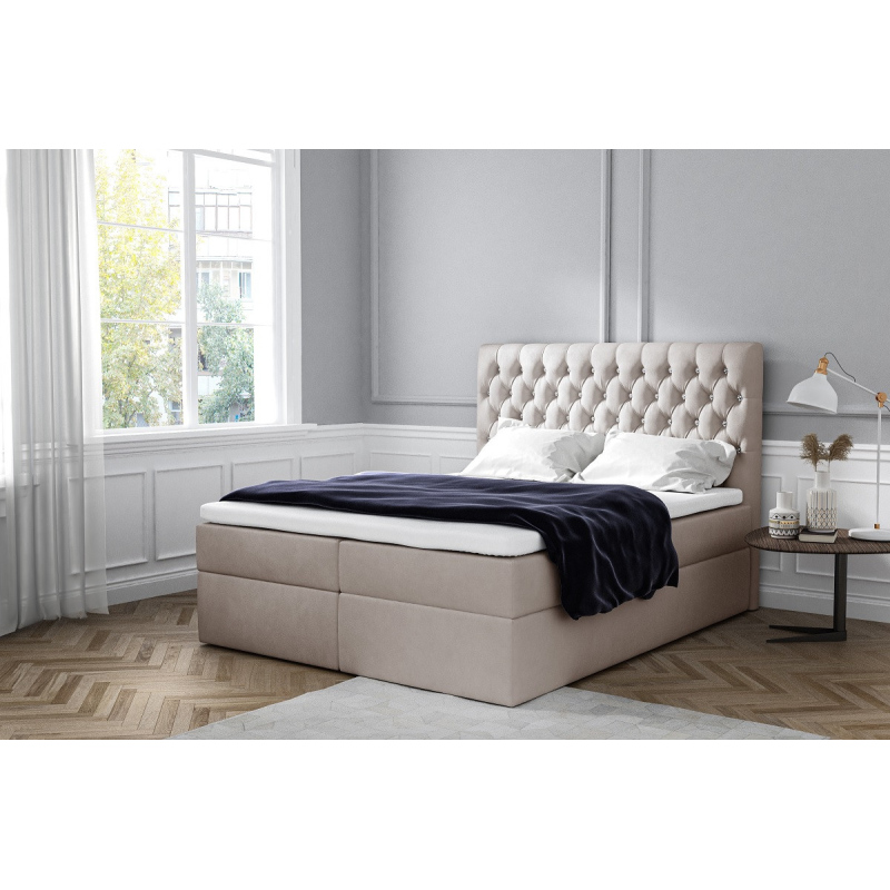 Elegantná čalúnená posteľ Mandy s úložným priestorom svetlo béžová 200 x 200 + topper zdarma
