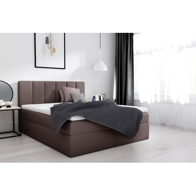 Extravagantná čalúnená posteľ Sven s úložným priestorom tmavo hnedá eko koža 140 x 200 + topper