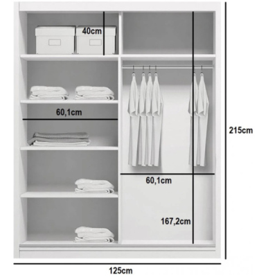 Priestranná šatníková skriňa AMADEO, šírka 125 cm, výška 215 cm