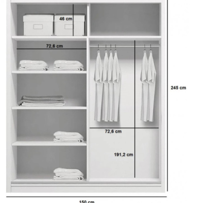 Priestranná šatníková skriňa AMADEO, šírka 150 cm, výška 245 cm