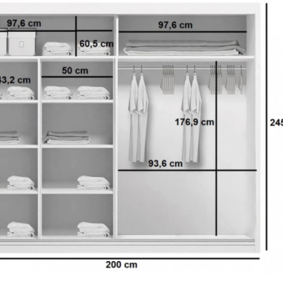 Priestranná šatníková skriňa AMADEO, šírka 200 cm, výška 245 cm