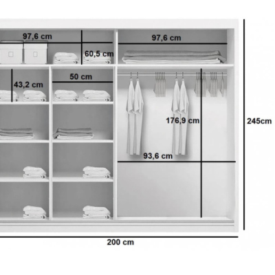 Priestranná šatníková skriňa AMADEO, šírka 200 cm, výška 245 cm