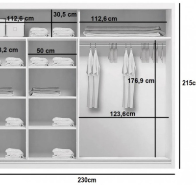 Šatníková skriňa so zrkadlom ANASTACIO, šírka 230 cm, výška 215 cm