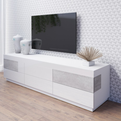 Jednoduchý televízny stolík so zásuvkami  SHADI, biely/betón