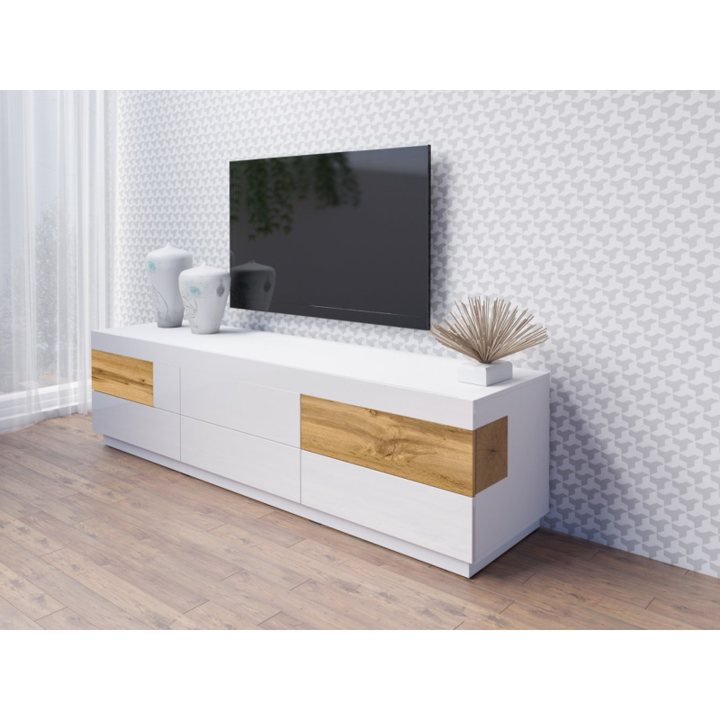 Jednoduchý televízny stolík so zásuvkami  SHADI, biely/dub wotan