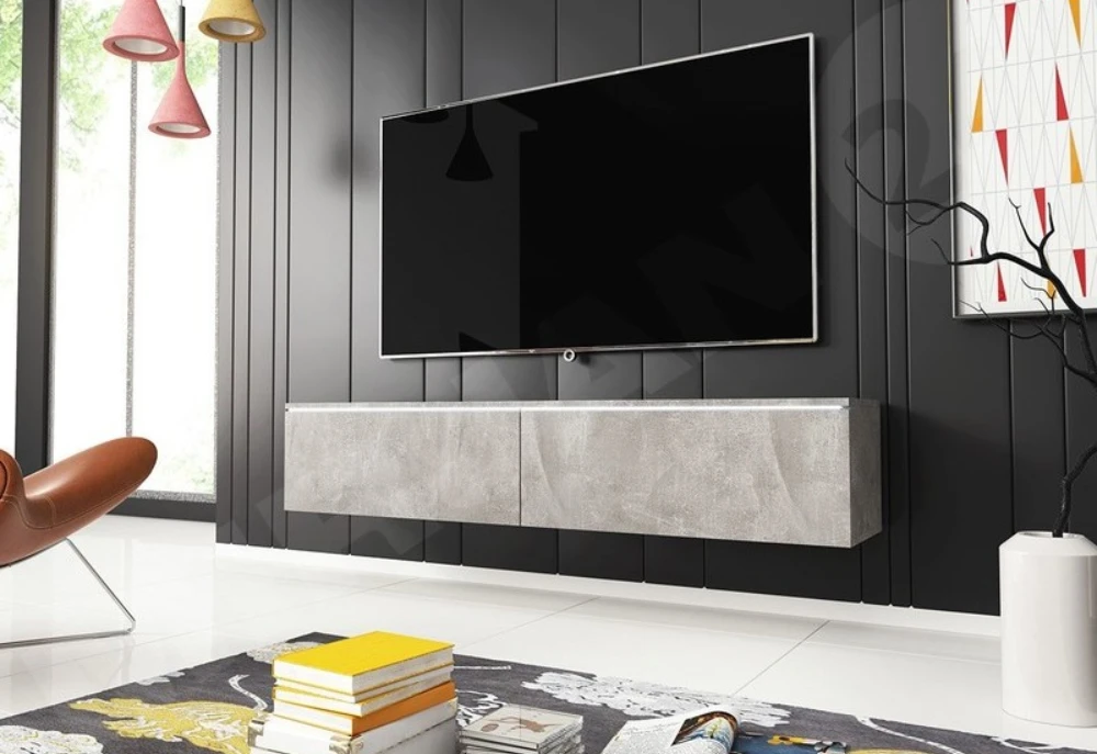 Ukážka montáže šedého TV stolíka Ceriee namontovaná na stene