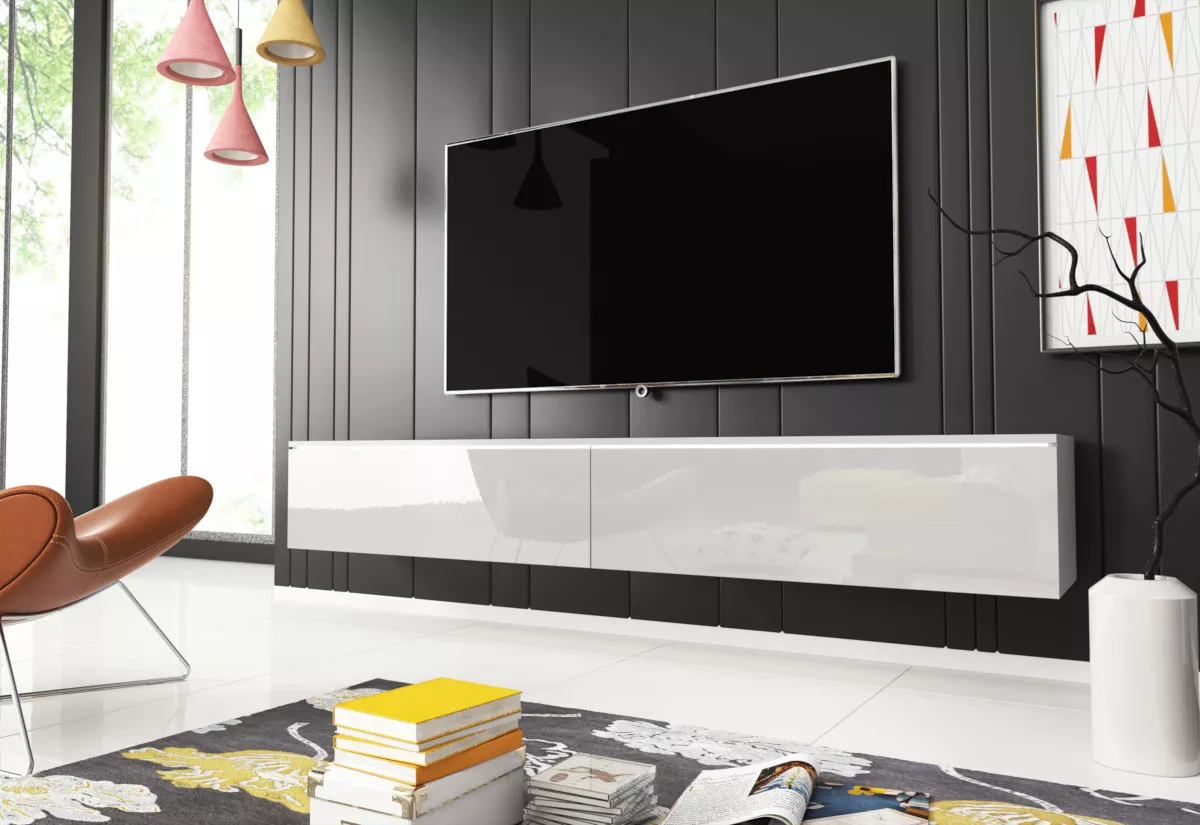 Ukážka montáže TV stolíka Ceriee so zavesením na stenu pod televíziu