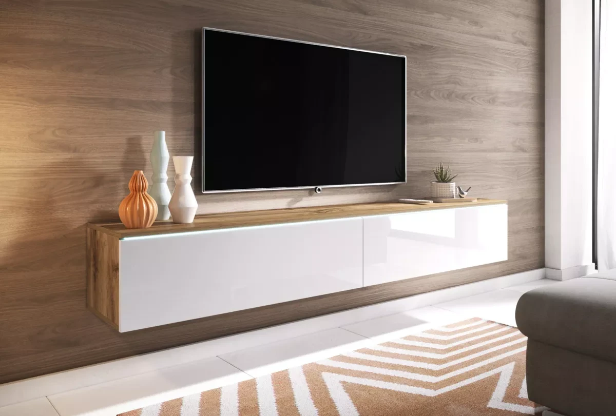 Ukážka montáže TV stolíka Ceriee so zavesením na stenu pod televíziu