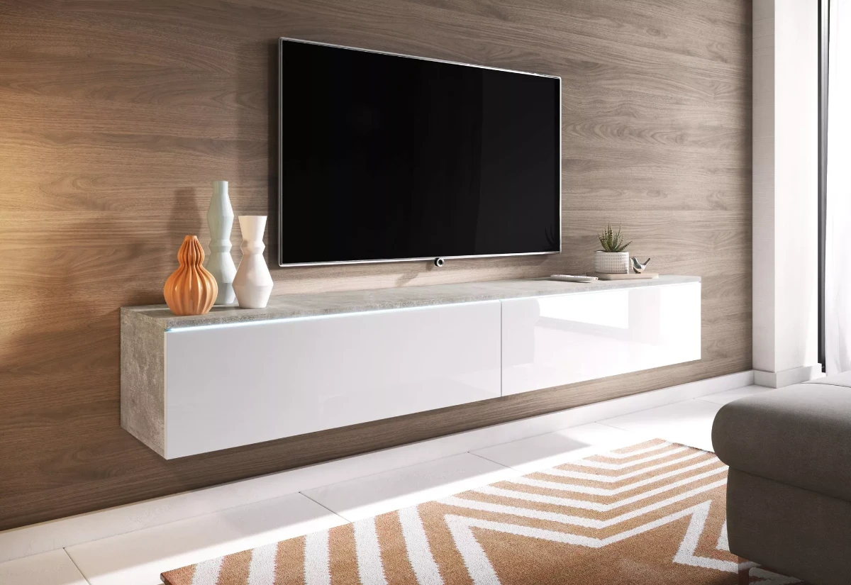 Ukážka montáže TV stolíka Ceriee so zavesením na stenu pod televíziu