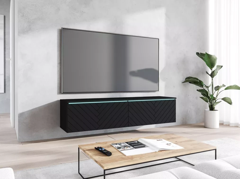 Ukážka montáže TV stolíka Ceriee so zavesením na stenu pod televíziu