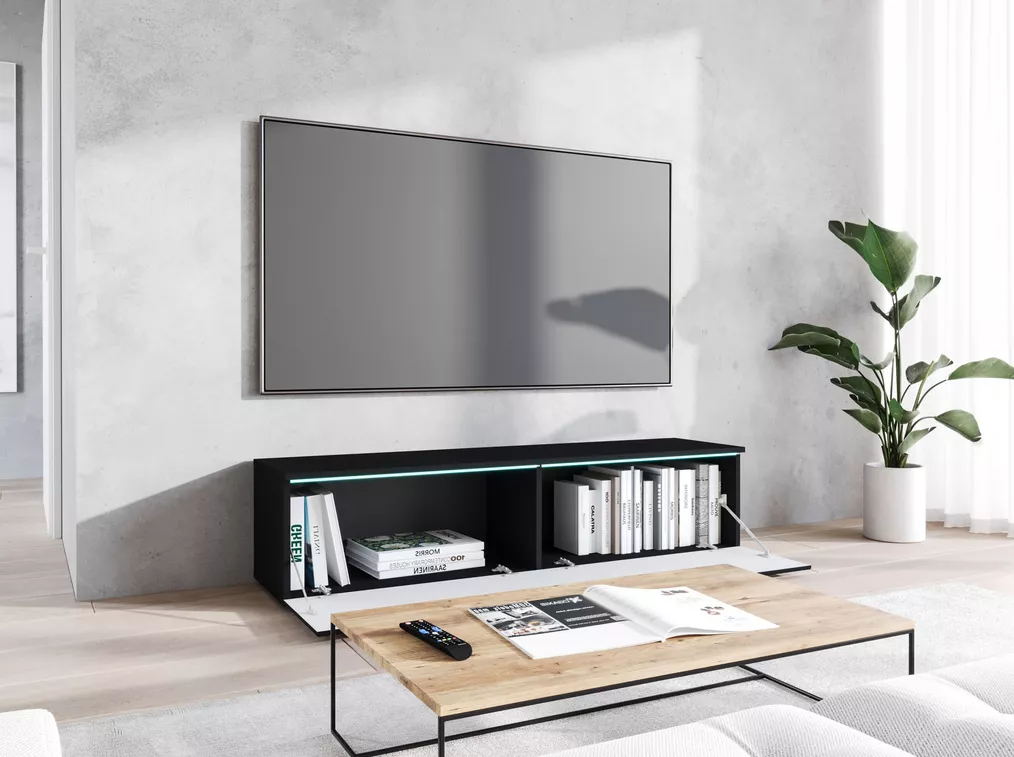 TV stolík Ceriee s otvorenými výklopnými dvierkami a pohľadom do vnútorného úložného priestoru