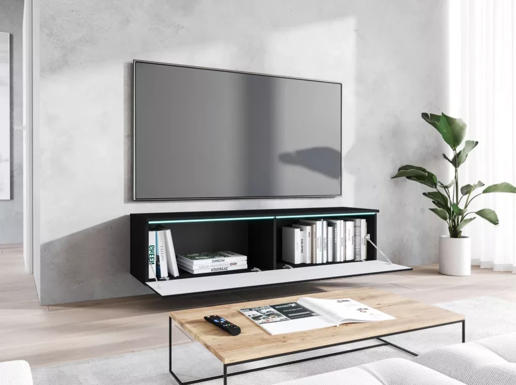 Závesný TV stolík Ceriee s otvorenými výklopnými dvierkami a pohľadom do vnútorného priestoru