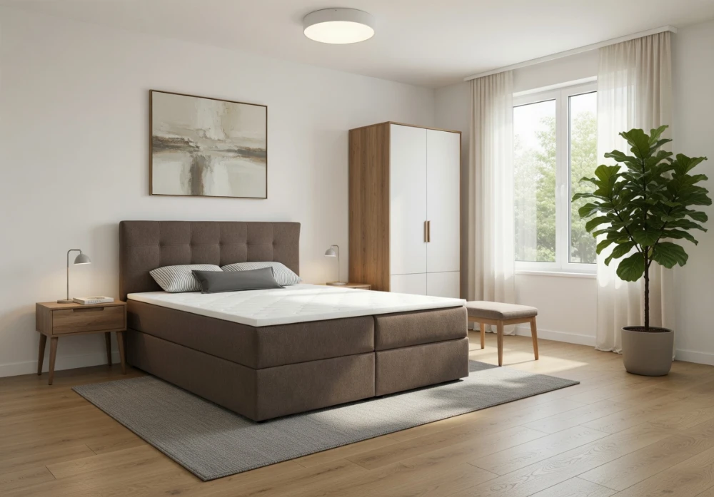 Svetlo hnedá čalúnená manželská posteľ STIG 2 140x200 s prešívaným čelom, umiestnená v modernej svetlej spálni s minimalistickým nábytkom a veľkou rastlinou