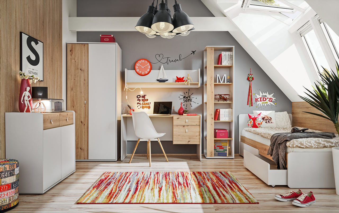 Moderná zostava nábytku do detskej izby s dostatkom úložných priestorov