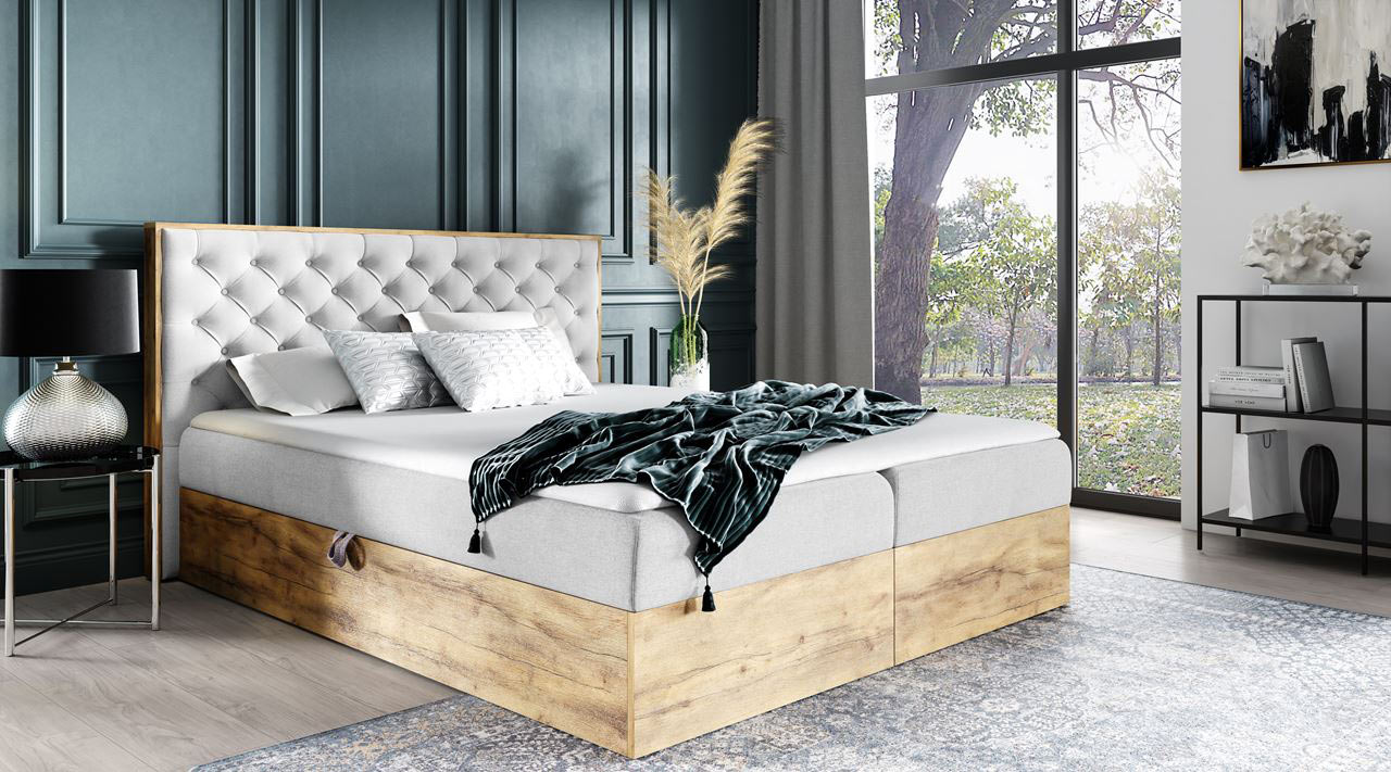 Manželská posteľ kombinujúca dekor dreva s čalúnením