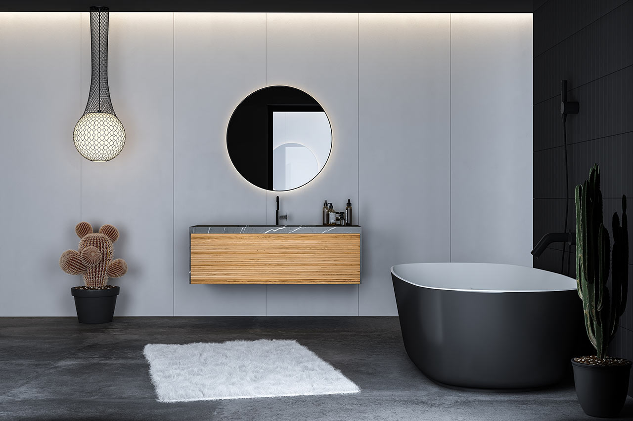 Čiernobiela kombinácia v kúpeľni pôsobí dizajnovo
