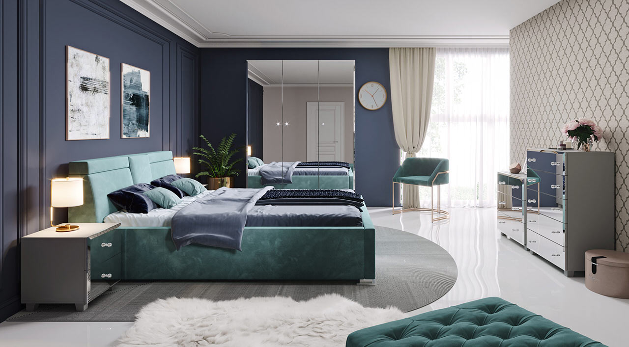 Dizajnová spálňa s celočalúnenou manželskou posteľou a zrkadlovým nábytkom