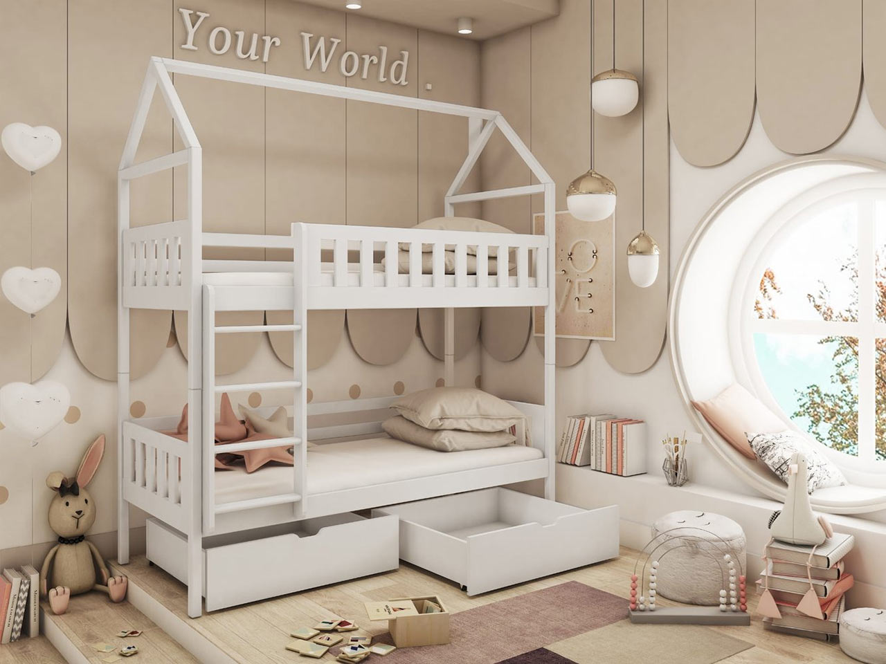 Detská poschodová posteľ – domček pre 2 deti s úložným priestorom