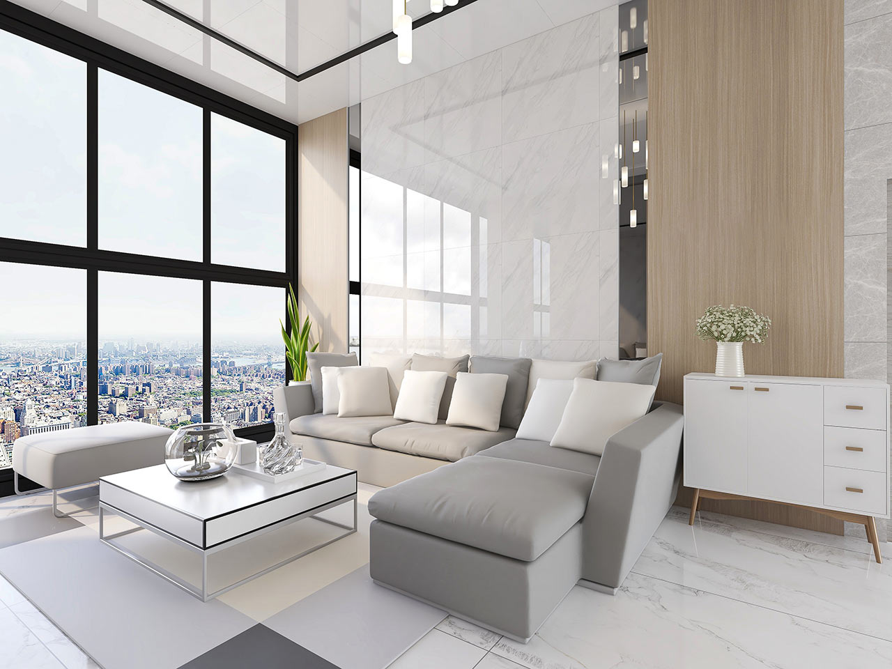 Lavica v modernej luxusnej obývačke s vysokými stropmi